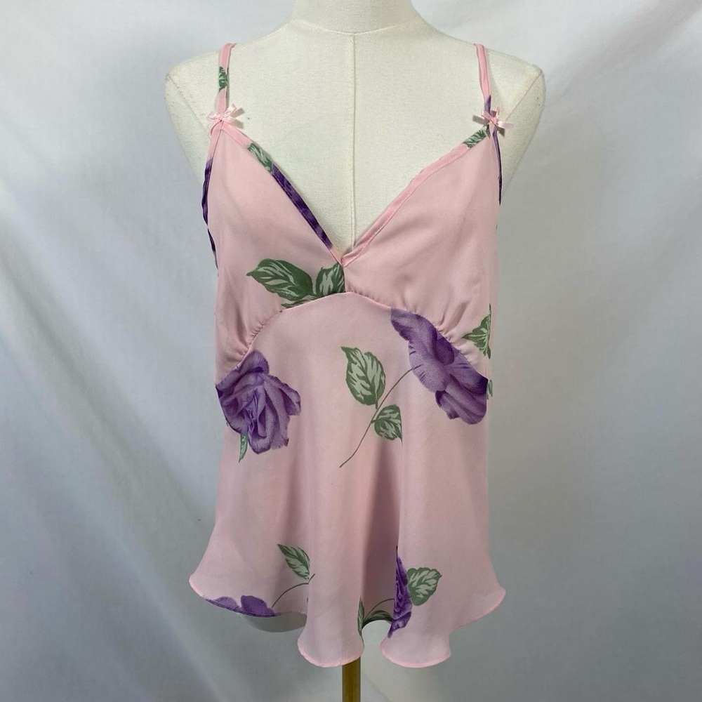 Kristine Tyler Intimates lingerie slip cami top purple flowers bows coquette vtg